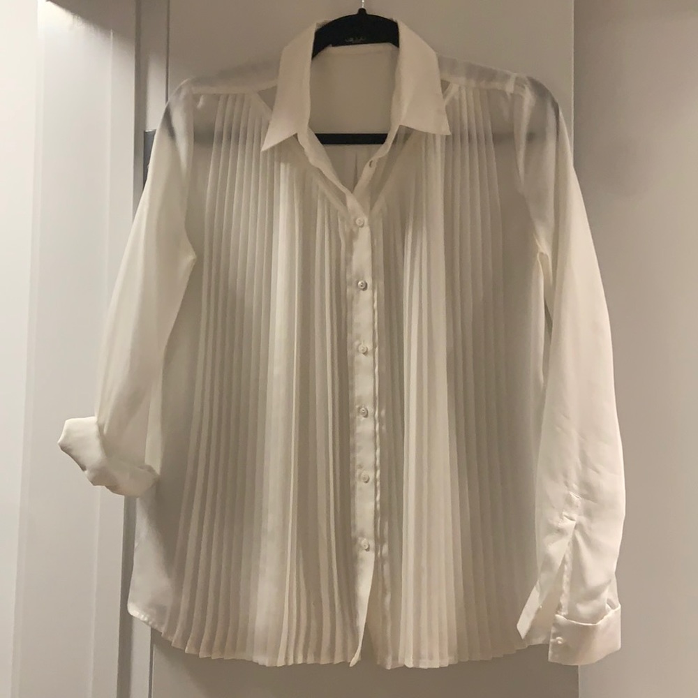 Pleated white button down shirt